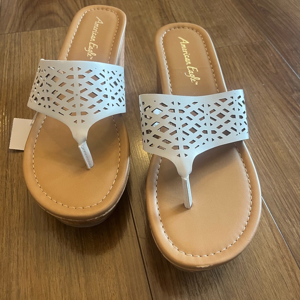 American Eagle Outfitters White Laser-Cut Thong Sandals with Tan Footbed